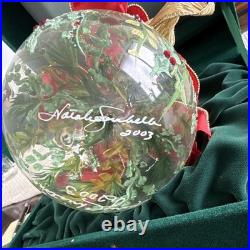 Hand Painted Clear Glass Holly Ball Christmas Bauble Red Bow 2003