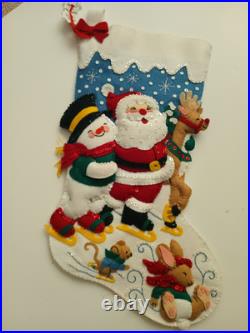 Handmade Bucilla Felt Sequin Frosty Santa Deer Christmas Stocking Ice Skating