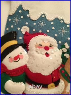 Handmade Bucilla Felt Sequin Frosty Santa Deer Christmas Stocking Ice Skating