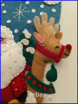 Handmade Bucilla Felt Sequin Frosty Santa Deer Christmas Stocking Ice Skating