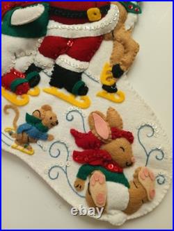 Handmade Bucilla Felt Sequin Frosty Santa Deer Christmas Stocking Ice Skating