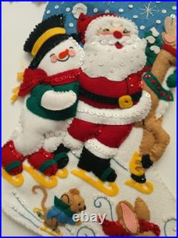 Handmade Bucilla Felt Sequin Frosty Santa Deer Christmas Stocking Ice Skating