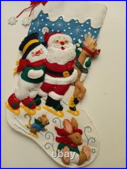 Handmade Bucilla Felt Sequin Frosty Santa Deer Christmas Stocking Ice Skating