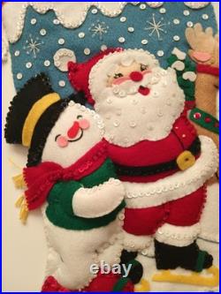 Handmade Bucilla Felt Sequin Frosty Santa Deer Christmas Stocking Ice Skating