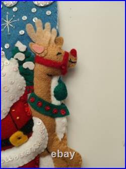 Handmade Bucilla Felt Sequin Frosty Santa Deer Christmas Stocking Ice Skating