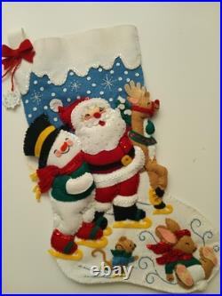 Handmade Bucilla Felt Sequin Frosty Santa Deer Christmas Stocking Ice Skating
