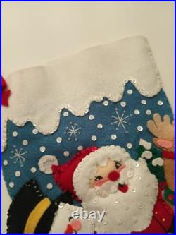 Handmade Bucilla Felt Sequin Frosty Santa Deer Christmas Stocking Ice Skating