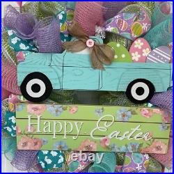 Happy Easter Truck With Pastel Eggs Handmade Deco Mesh Wreath