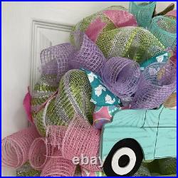 Happy Easter Truck With Pastel Eggs Handmade Deco Mesh Wreath