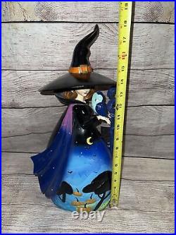 Happy Haunting Halloween Witch With Holding Owl Pumpkin Bat Carved Night Scene