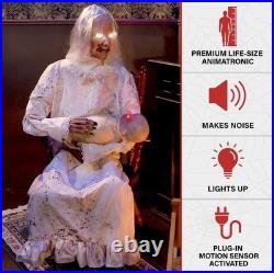 Haunted Hill Farm Life-Size 2.9-Ft Animatronic Gravely Granny Tekky Halloween