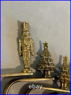 Heavy SolidBrass Fireplace Stocking Hanger 5 Trees, Wreath, Nutcracker, Angel