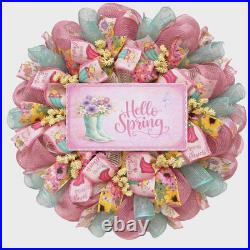 Hello Spring Floral Rain boots Pastel Wreath Handmade Deco Mesh