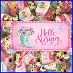 Hello Spring Floral Rain boots Pastel Wreath Handmade Deco Mesh