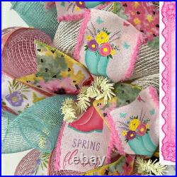 Hello Spring Floral Rain boots Pastel Wreath Handmade Deco Mesh