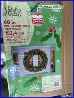 Holiday Living 60in pine wreath Outdoor Christmas Pre Lit new