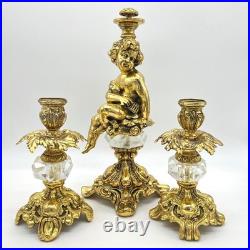 Hollywood Regency Cherub Candlestick Holder Set Ornate Gold Crystal Accents