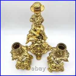 Hollywood Regency Cherub Candlestick Holder Set Ornate Gold Crystal Accents