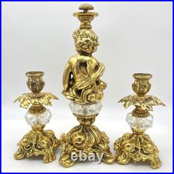 Hollywood Regency Cherub Candlestick Holder Set Ornate Gold Crystal Accents Hollywood Regency Cherub Candlestick Holder Set Ornate Gold Crystal Accents