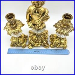 Hollywood Regency Cherub Candlestick Holder Set Ornate Gold Crystal Accents
