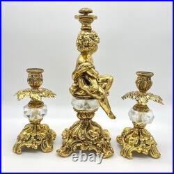Hollywood Regency Cherub Candlestick Holder Set Ornate Gold Crystal Accents
