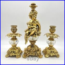 Hollywood Regency Cherub Candlestick Holder Set Ornate Gold Crystal Accents
