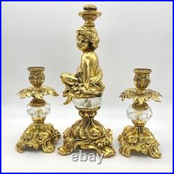 Hollywood Regency Cherub Candlestick Holder Set Ornate Gold Crystal Accents
