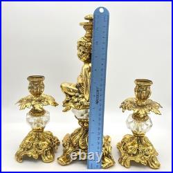 Hollywood Regency Cherub Candlestick Holder Set Ornate Gold Crystal Accents