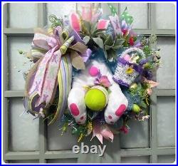 Huge XL Big Bunny Butt Easter Blue Deco Mesh Wreath Eggs Flowers Free Shipping
