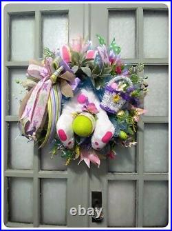 Huge XL Big Bunny Butt Easter Blue Deco Mesh Wreath Eggs Flowers Free Shipping