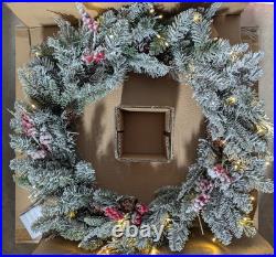 In Box Pottery Barn Lit Faux Frosted Pine & Berries Wreath 28 diameter berry