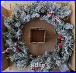 In Box Pottery Barn Lit Faux Frosted Pine & Berries Wreath 28 diameter berry