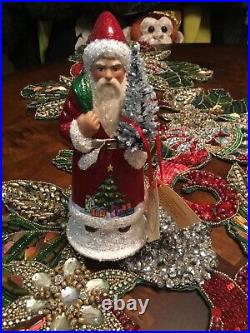 Ino Schaller Red Santa With Hand Painted Christmas Tree Rare Unique German Mache