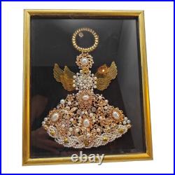 Jeweled Rhinestone Jewelry Angel Vintage Brooch Framed Art Picture Shadow Box