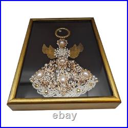 Jeweled Rhinestone Jewelry Angel Vintage Brooch Framed Art Picture Shadow Box
