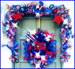 July 4th Front Door Wreath Garland Set Red White Blue Patriotic Decorations