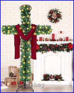Leyndo 5 ft Cross Christmas Tree with Light Prelit Christmas Tree with Rattan