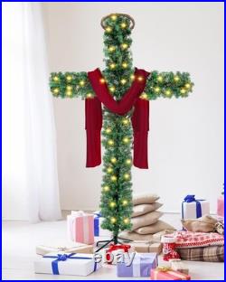 Leyndo 5 ft Cross Christmas Tree with Light Prelit Christmas Tree with Rattan