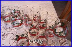 Libbey Holly & Berries Vintage Christmas Glasses & Ice Bucket 26 Piece Grouping