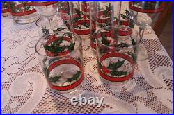 Libbey Holly & Berries Vintage Christmas Glasses & Ice Bucket 26 Piece Grouping
