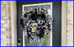 Light Show Fancy Lux Skeleton Skull Halloween Front Door Wreath Fall Decoration