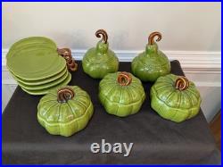 Lot of 9 Williams Sonoma Green Pumpkin/Gourd Ceramic Soup Bowls/PlatesExcellent