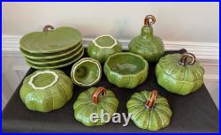 Lot of 9 Williams Sonoma Green Pumpkin/Gourd Ceramic Soup Bowls/PlatesExcellent