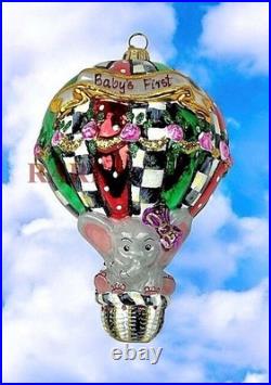 MacKenzie-Childs Baby Elephant Baby's First Balloon Glass Ornament New in Box