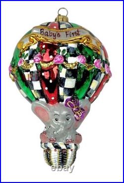 MacKenzie-Childs Baby Elephant Baby's First Balloon Glass Ornament New in Box