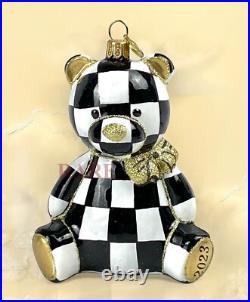 MacKenzie-Childs Courtly Check Baby's First Christmas Bear Glass Ornament New