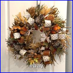 MacKenzie-Childs Courtly Check Mocha Ribbon Harvest Wreath 25 inch Door Decor