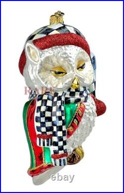 MacKenzie-Childs Courtly Check Sleepy Owl Christmas Glass Ornament New