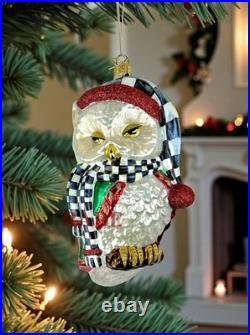 MacKenzie-Childs Courtly Check Sleepy Owl Christmas Glass Ornament New