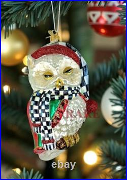 MacKenzie-Childs Courtly Check Sleepy Owl Christmas Glass Ornament New